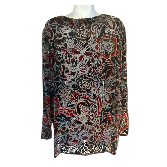 Chico’s velvet burnout tunic silk blend black multicolor bell sleeve Size 2 / L - Picture 2 of 7